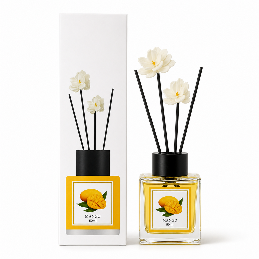 Reed Diffuser Fragrance, 50ml Home Fragrance with Decorative Reeds and Flower Sticks, Elegant Room Diffuser for Bedroom, Bathroom, Living Room and Office (Mango)