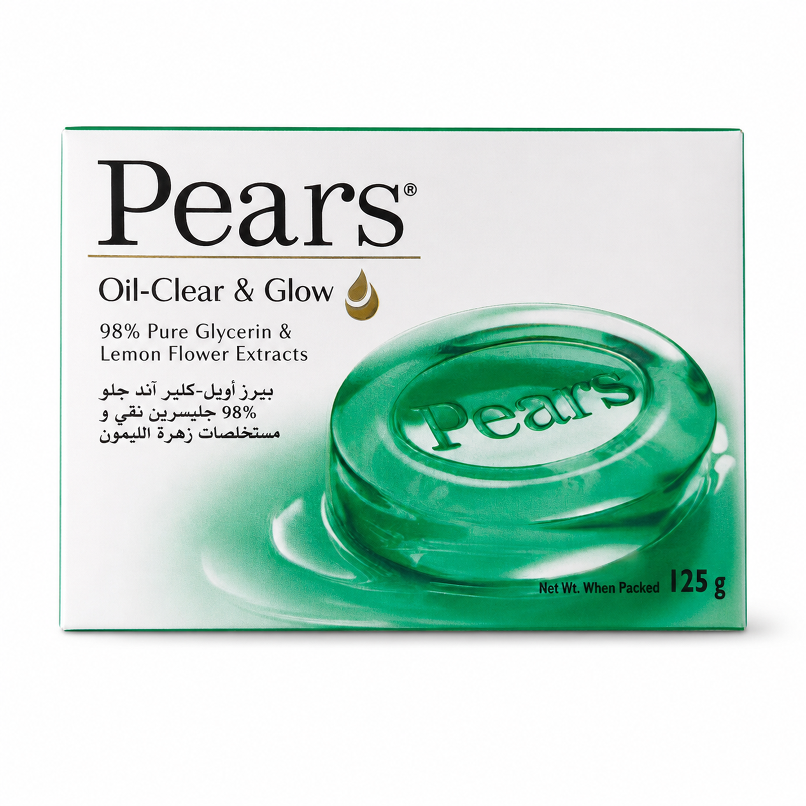 Pears Oil-Clear & Glow Bar Soap, 125 g, 98% Pure Glycerin with Lemon Flower Extracts, Transparent Green Soap Bar