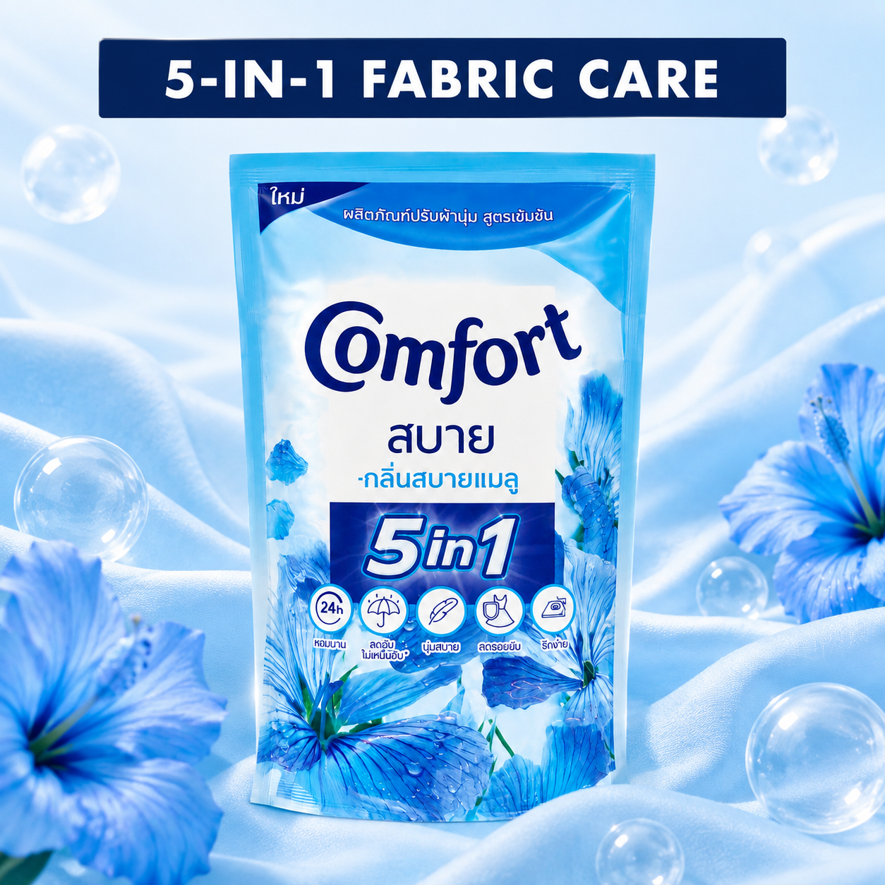 Comfort 5 in 1 Concentrated Fabric Conditioner, Blue Floral & Pink Rose Fragrance 500ml Laundry Softener for Clothes, 1 Pouch