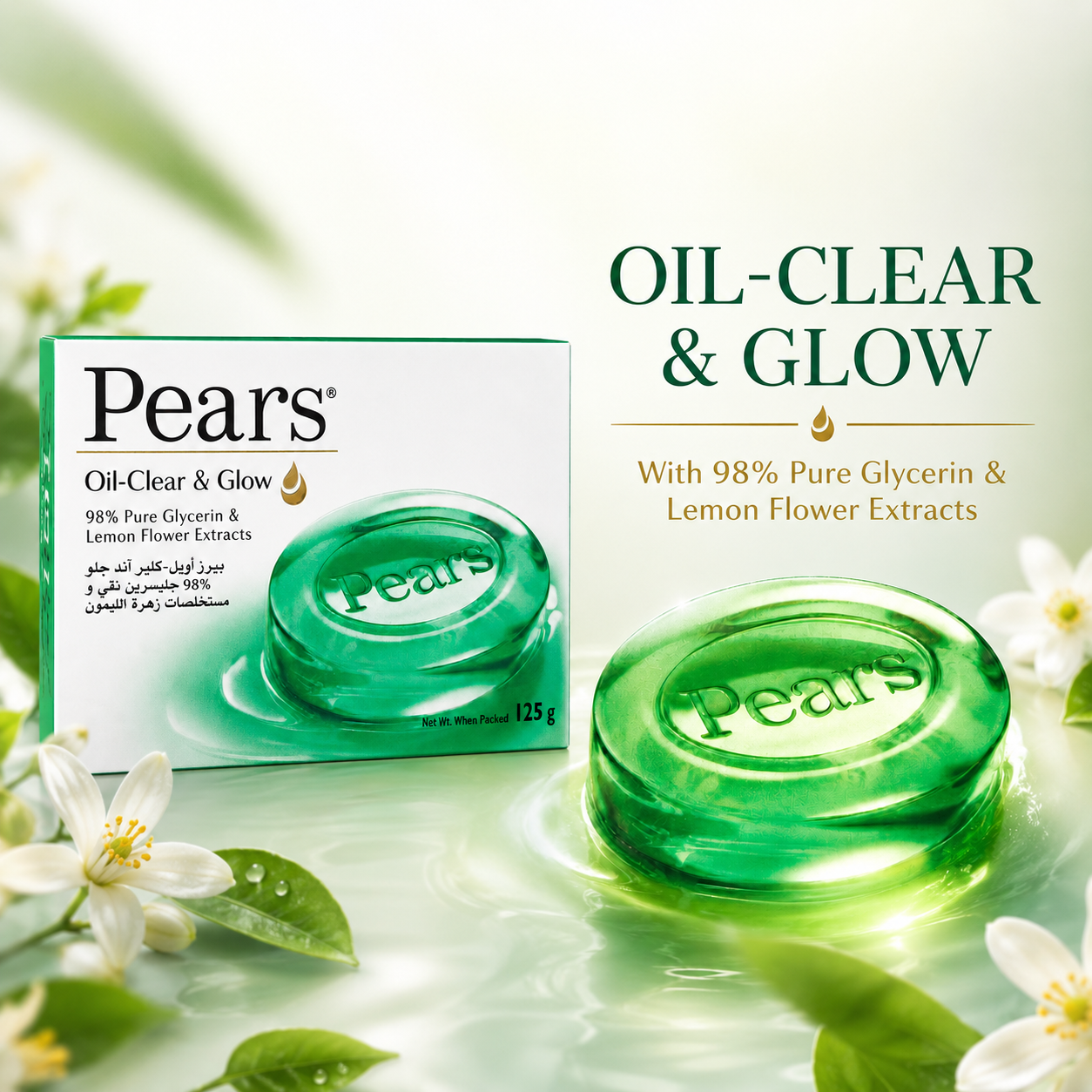 Pears Oil-Clear & Glow Bar Soap, 125 g, 98% Pure Glycerin with Lemon Flower Extracts, Transparent Green Soap Bar