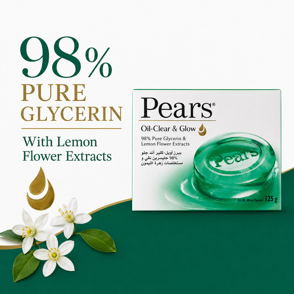 Pears Oil-Clear & Glow Bar Soap, 125 g, 98% Pure Glycerin with Lemon Flower Extracts, Transparent Green Soap Bar
