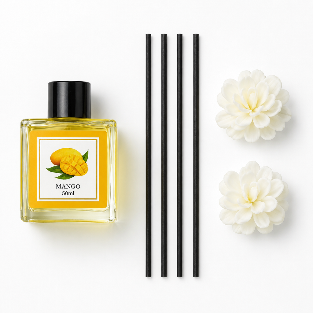 Reed Diffuser Fragrance, 50ml Home Fragrance with Decorative Reeds and Flower Sticks, Elegant Room Diffuser for Bedroom, Bathroom, Living Room and Office (Mango)
