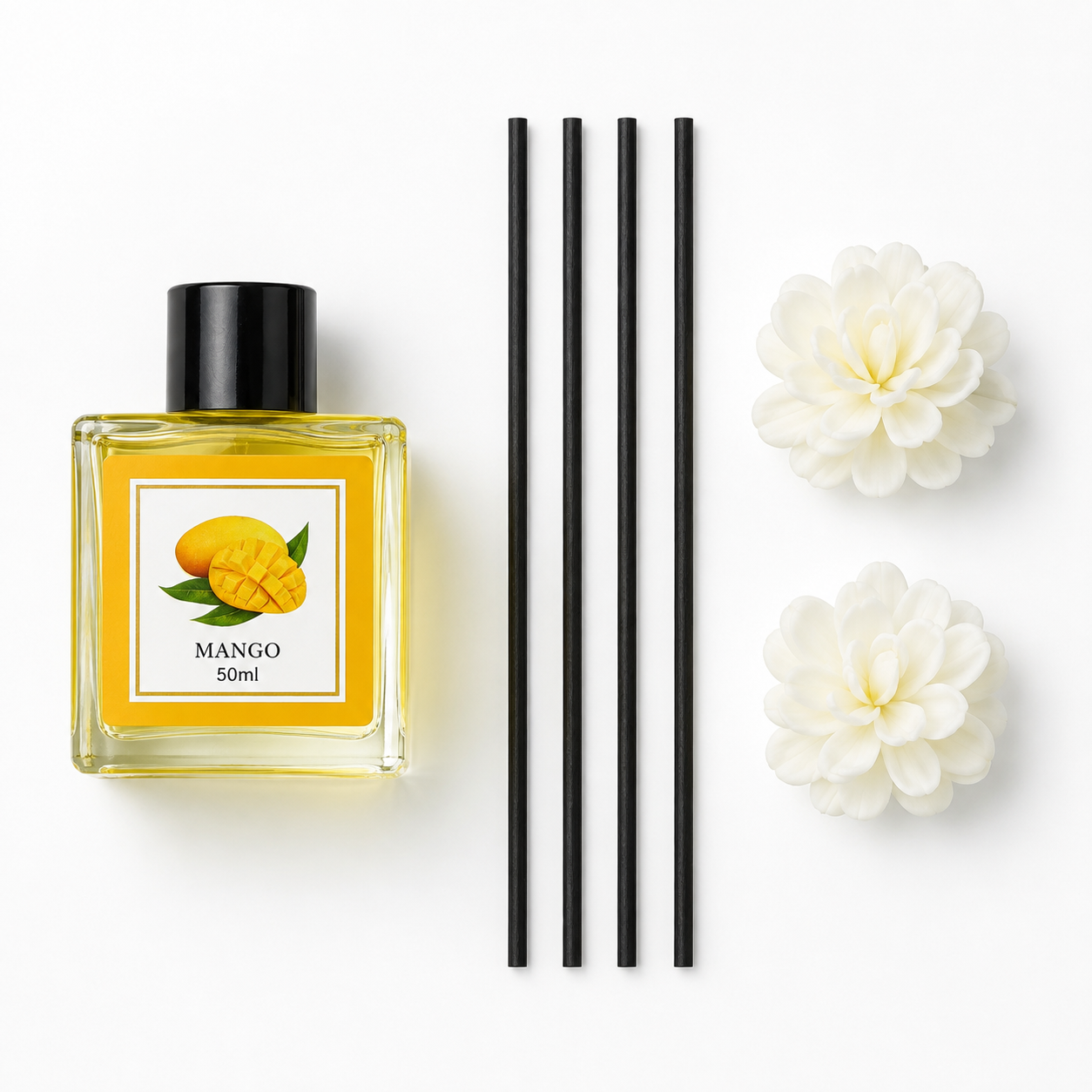 Reed Diffuser Fragrance, 50ml Home Fragrance with Decorative Reeds and Flower Sticks, Elegant Room Diffuser for Bedroom, Bathroom, Living Room and Office (Mango)