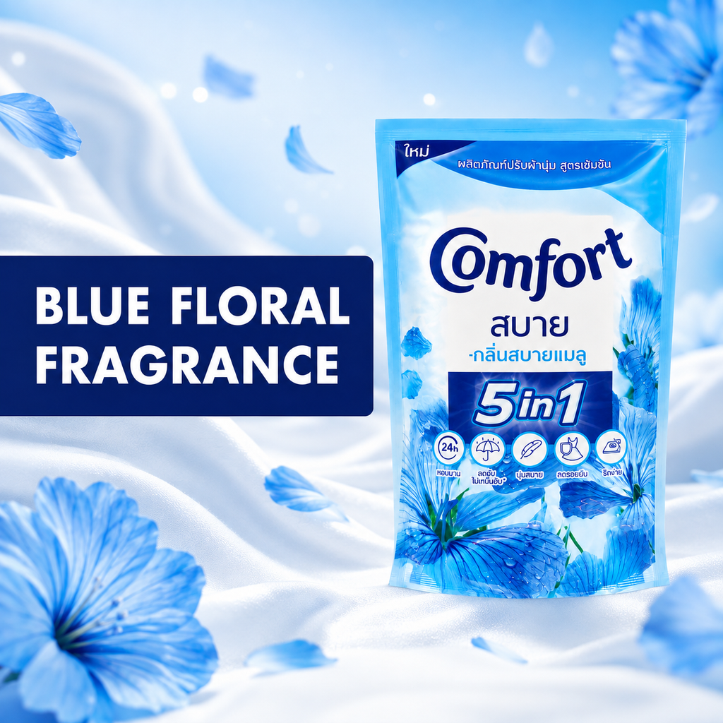 Comfort 5 in 1 Concentrated Fabric Conditioner, Blue Floral & Pink Rose Fragrance 500ml Laundry Softener for Clothes, 1 Pouch