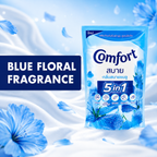Comfort 5 in 1 Concentrated Fabric Conditioner, Blue Floral & Pink Rose Fragrance 500ml Laundry Softener for Clothes, 1 Pouch