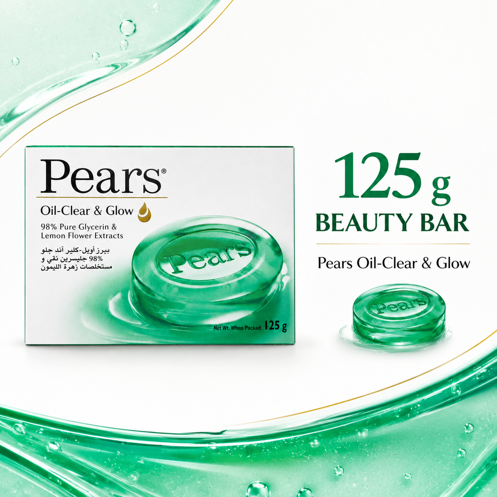 Pears Oil-Clear & Glow Bar Soap, 125 g, 98% Pure Glycerin with Lemon Flower Extracts, Transparent Green Soap Bar