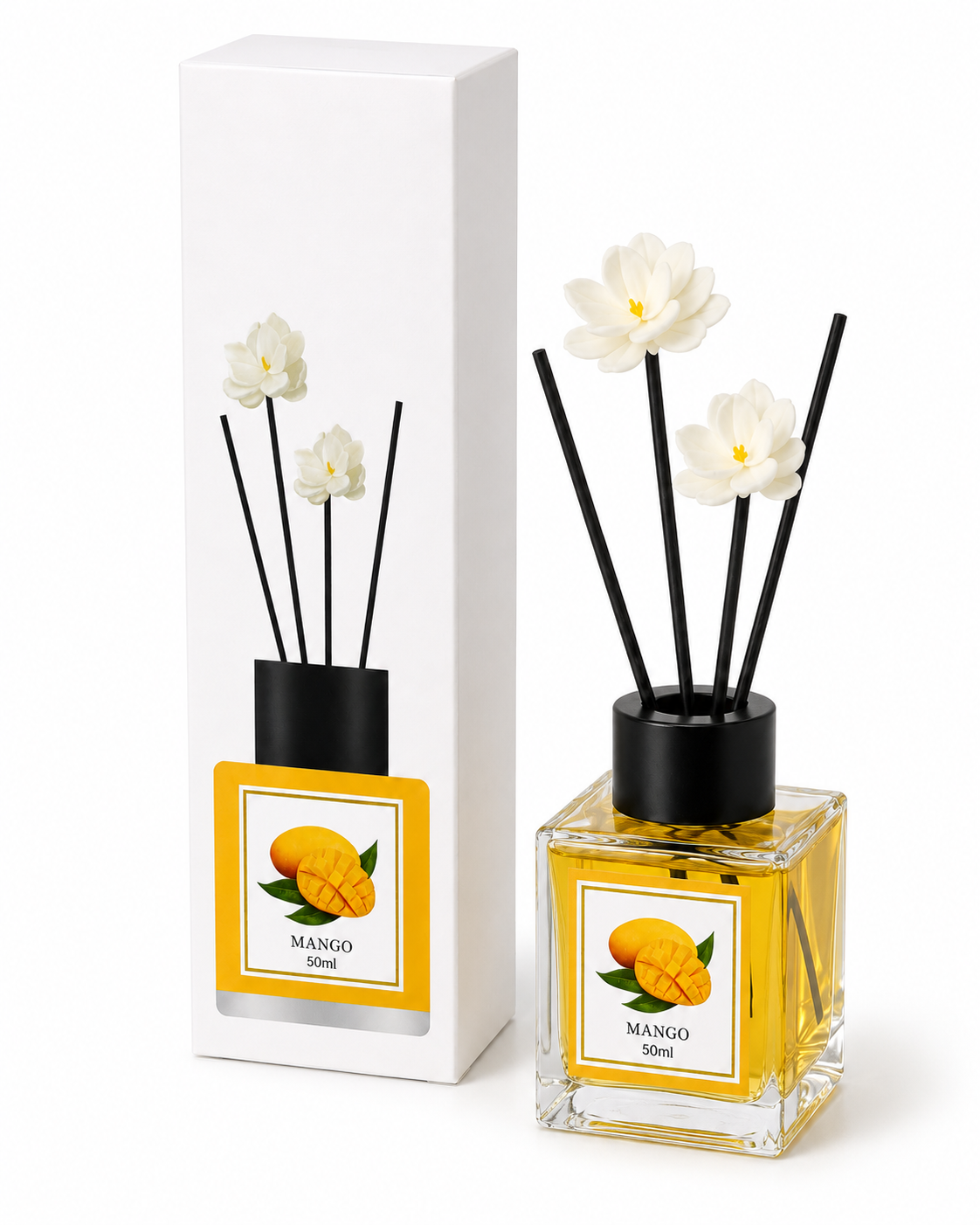 Reed Diffuser Fragrance, 50ml Home Fragrance with Decorative Reeds and Flower Sticks, Elegant Room Diffuser for Bedroom, Bathroom, Living Room and Office (Mango)
