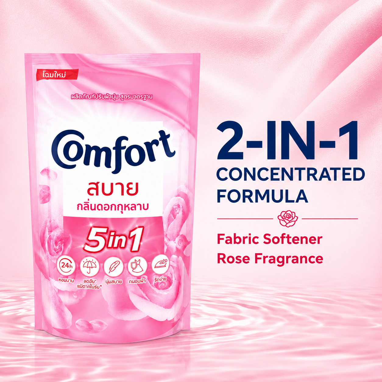 Comfort 5 in 1 Concentrated Fabric Conditioner, Blue Floral & Pink Rose Fragrance 500ml Laundry Softener for Clothes, 1 Pouch