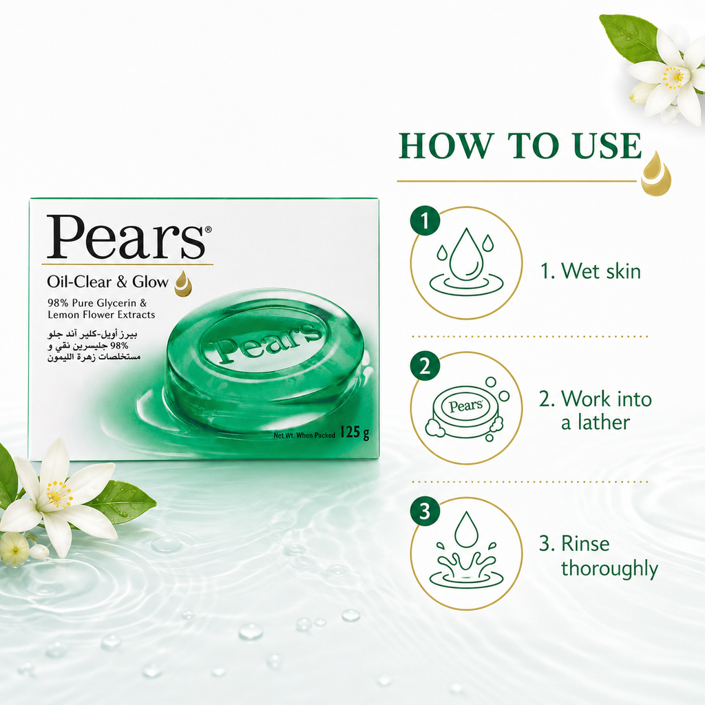 Pears Oil-Clear & Glow Bar Soap, 125 g, 98% Pure Glycerin with Lemon Flower Extracts, Transparent Green Soap Bar