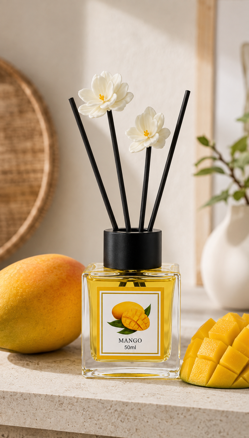 Reed Diffuser Fragrance, 50ml Home Fragrance with Decorative Reeds and Flower Sticks, Elegant Room Diffuser for Bedroom, Bathroom, Living Room and Office (Mango)