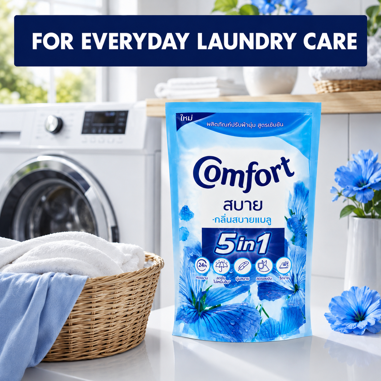Comfort 5 in 1 Concentrated Fabric Conditioner, Blue Floral & Pink Rose Fragrance 500ml Laundry Softener for Clothes, 1 Pouch