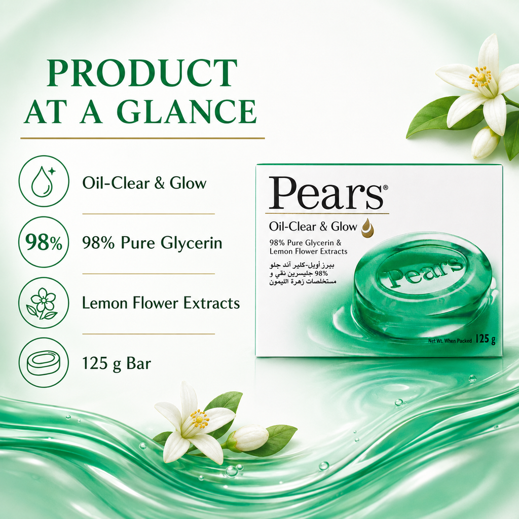 Pears Oil-Clear & Glow Bar Soap, 125 g, 98% Pure Glycerin with Lemon Flower Extracts, Transparent Green Soap Bar