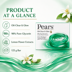 Pears Oil-Clear & Glow Bar Soap, 125 g, 98% Pure Glycerin with Lemon Flower Extracts, Transparent Green Soap Bar