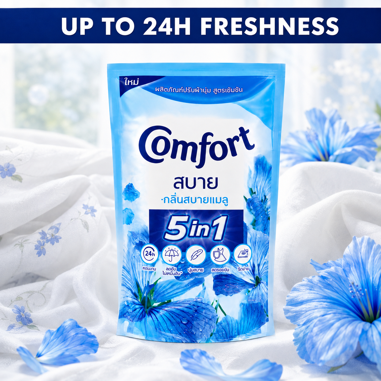 Comfort 5 in 1 Concentrated Fabric Conditioner, Blue Floral & Pink Rose Fragrance 500ml Laundry Softener for Clothes, 1 Pouch