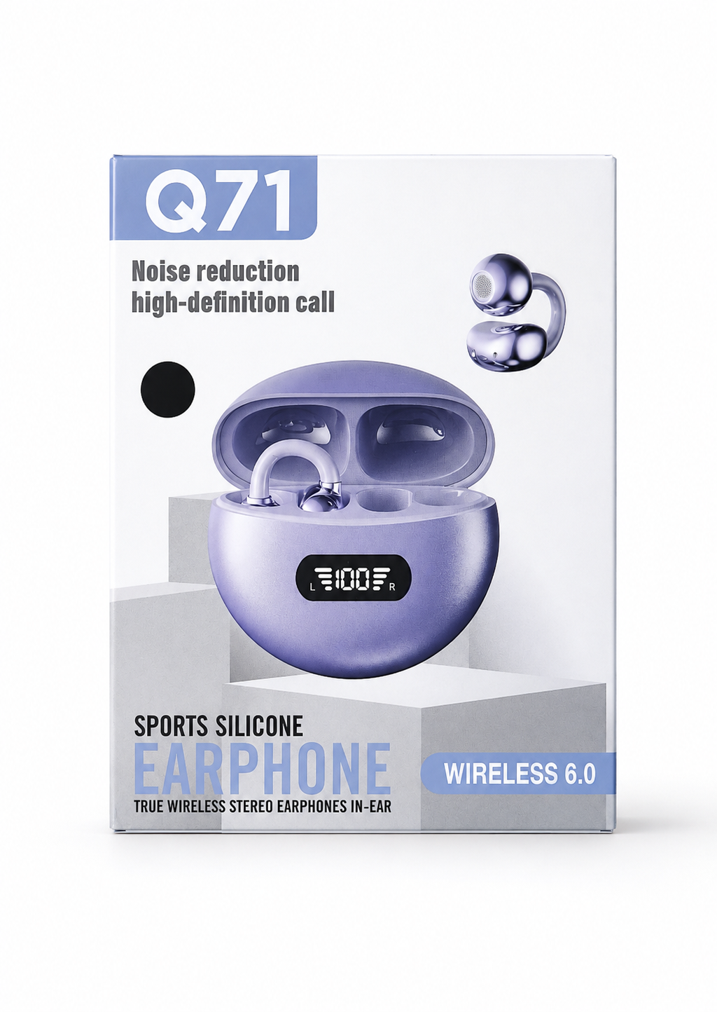 Q71 Open-Ear Wireless Earbuds with LED Charging Case, Bluetooth 6.0, Type-C Charging, Black