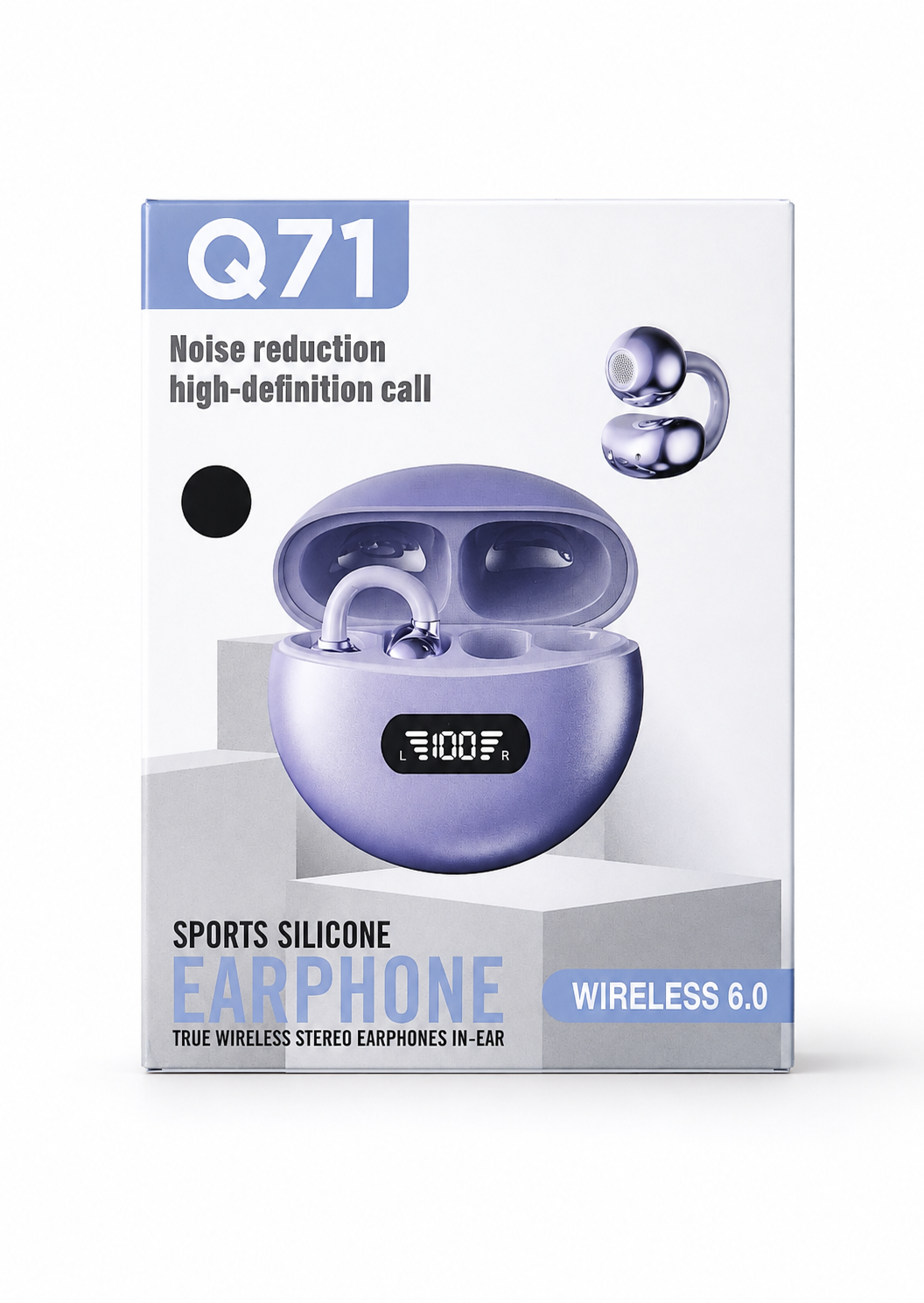 Q71 Open-Ear Wireless Earbuds with LED Charging Case, Bluetooth 6.0, Type-C Charging, Black